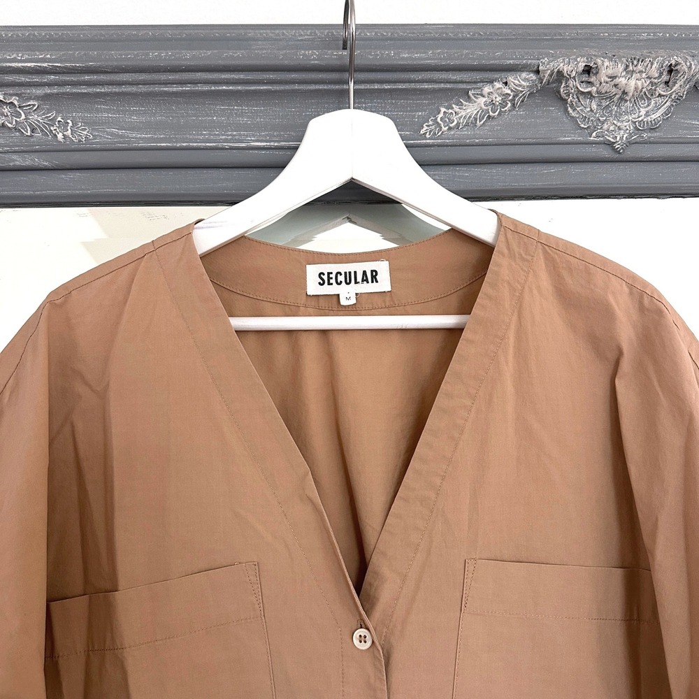 SECULAR Oversized Cotton Tan V Neck Short Sleeve Button Down Shirt Minimalist M - Picture 2 of 7